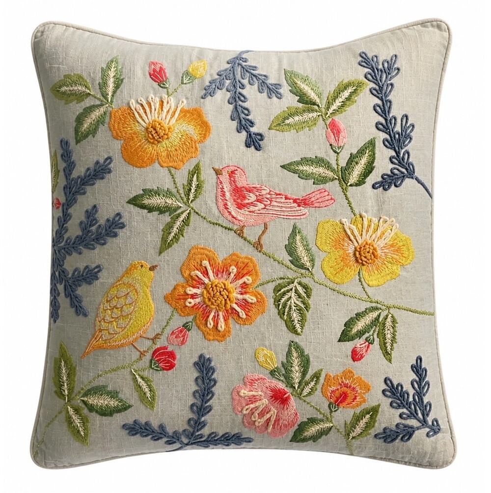 Embroidered Throw Pillow Cover 18"x18" Floral Birds Primrose Vintage COVER ONLY